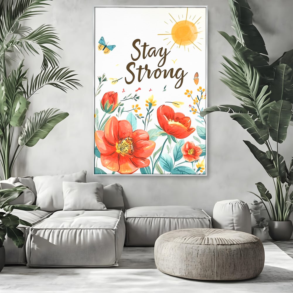 Tablou canvas cu tablou motivational cu flori si soare, in rama de aluminiu argintiu, pe perete intr-un living
